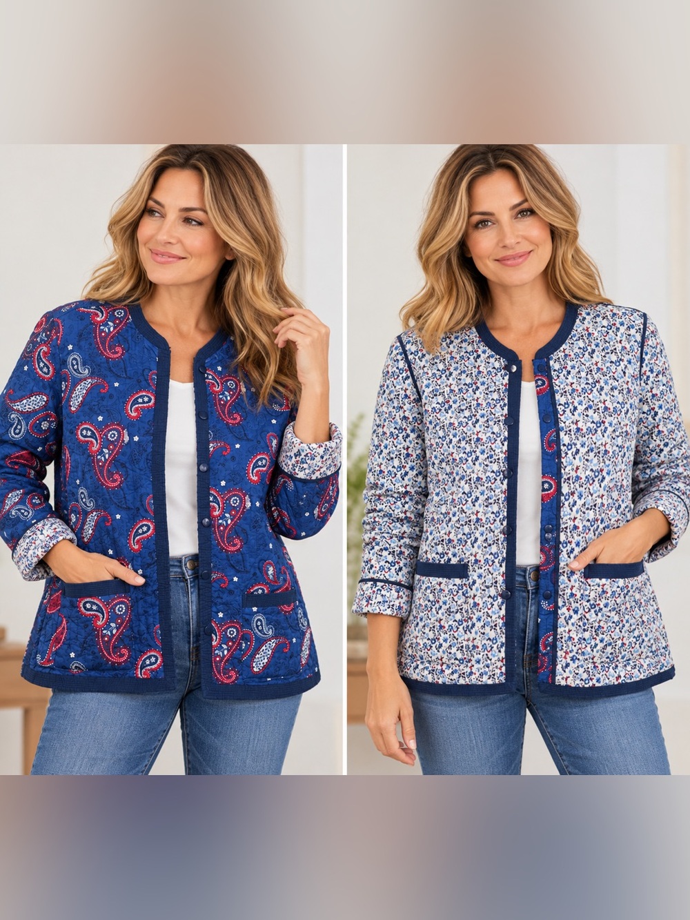NorthStyle Reversible Quilted Cotton Jacket Blue Paisley Floral L
